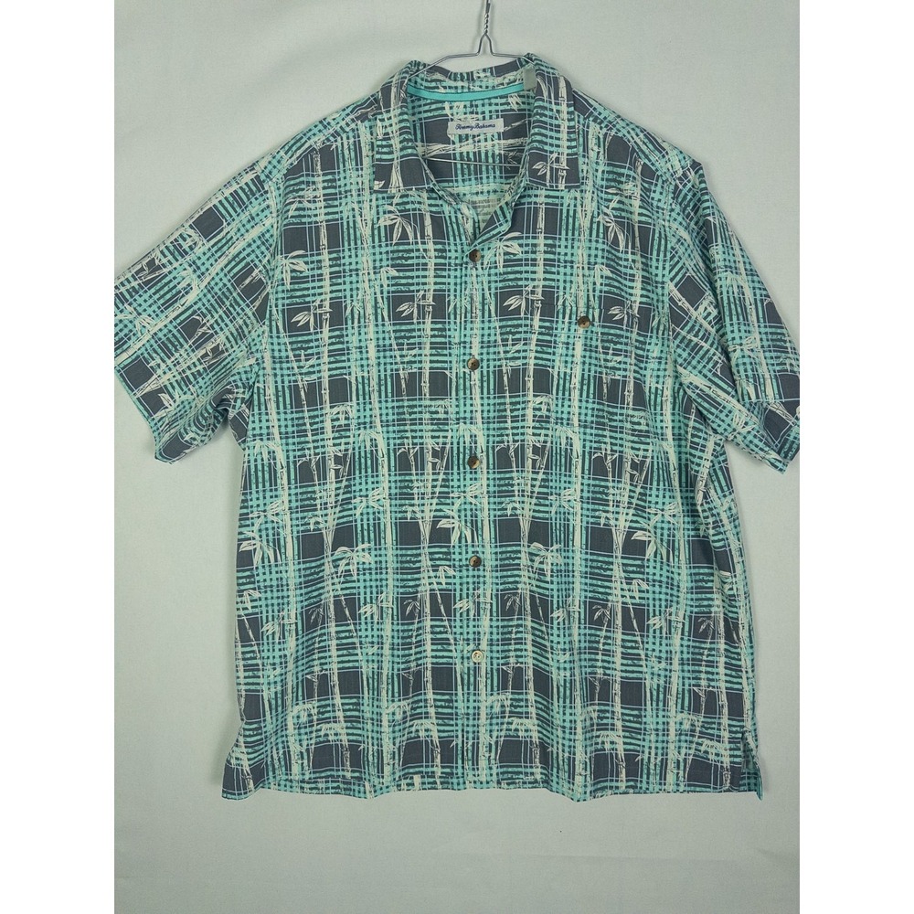 Tommy Bahama Teal Gray Bamboo Print Camp Shirt Silk Hawaiian Mens XL